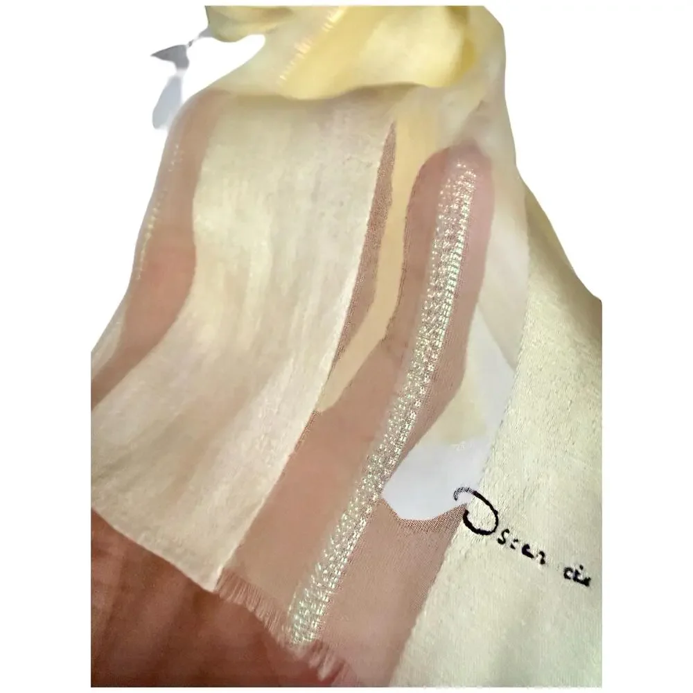 Vintage 70s Oscar de la Renta Silk Scarf Butter Yellow Lurex Stripe Japan 10X52